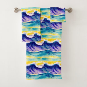 Modern cute colourful summer sun Blue Yellow Bath Towel Set