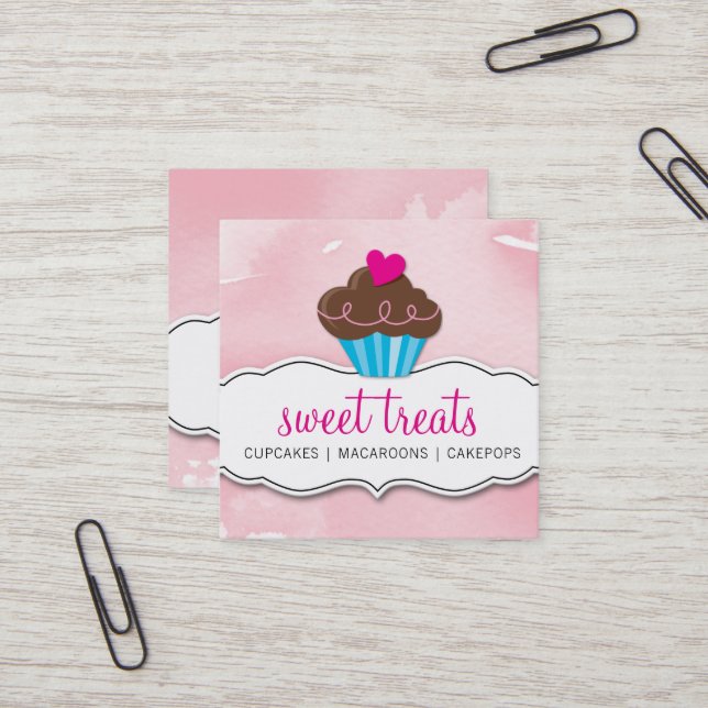 MODERN cute cupcake bakery pale pink watercolour Square Business Card (Front/Back In Situ)