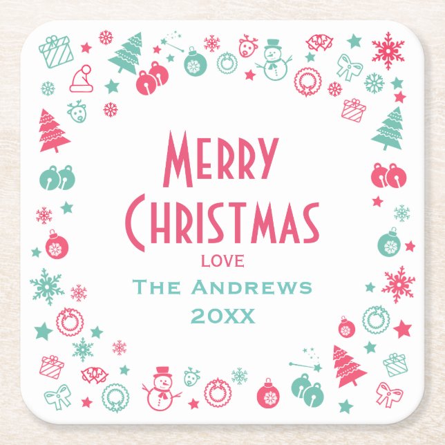 Modern Cute Custom Christmas Party Square Paper Coaster (Front)