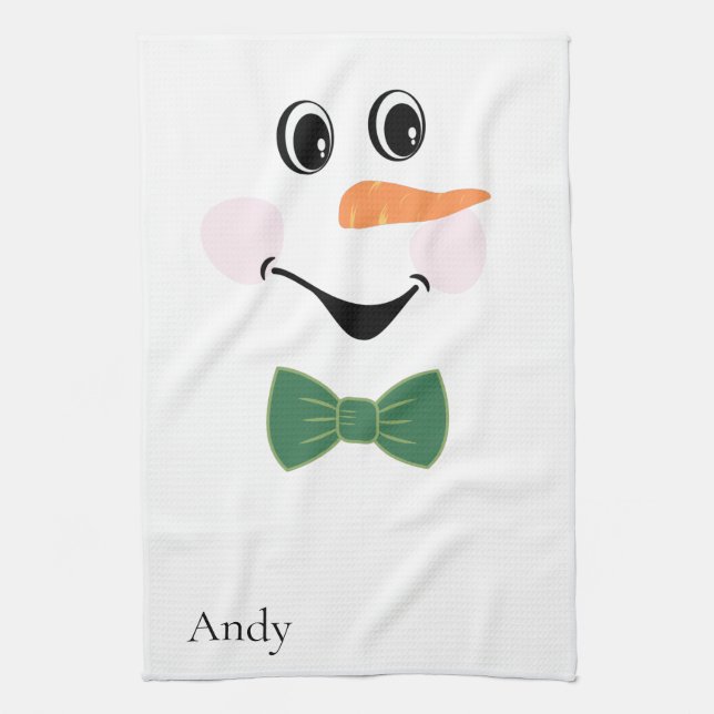 Modern Cute Custom Snowman face apron bow tie Tea Towel (Vertical)