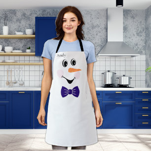 Modern Cute Custom Snowman Face Blue Bowtie Apron