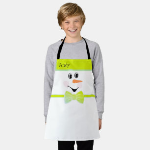 Modern Cute Custom Snowman face Green Bow Apron