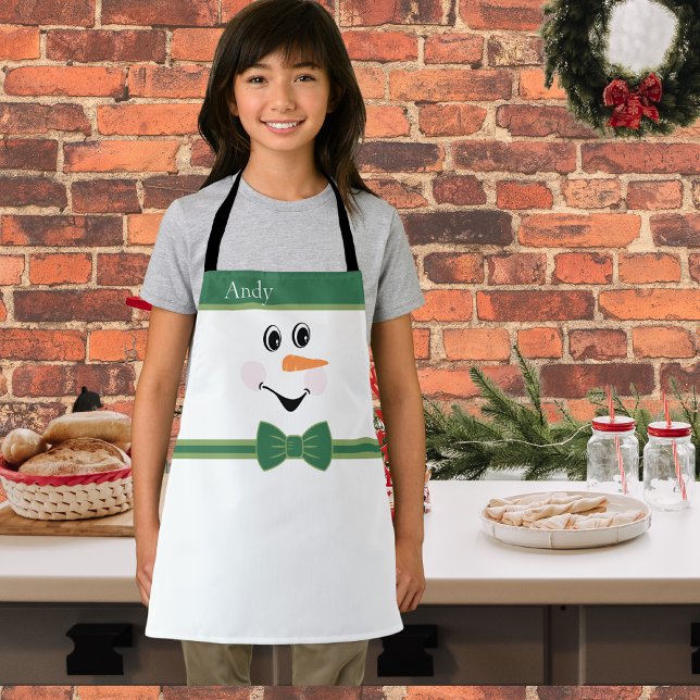 Modern Cute Custom Snowman Face Green Hat Bowtie  Apron (Creator Uploaded)