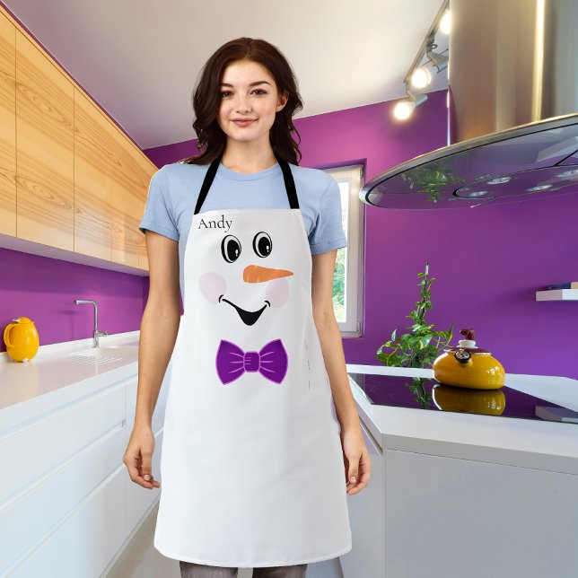 Modern Cute Custom Snowman Face Purple Bowtie Apron (Creator Uploaded)