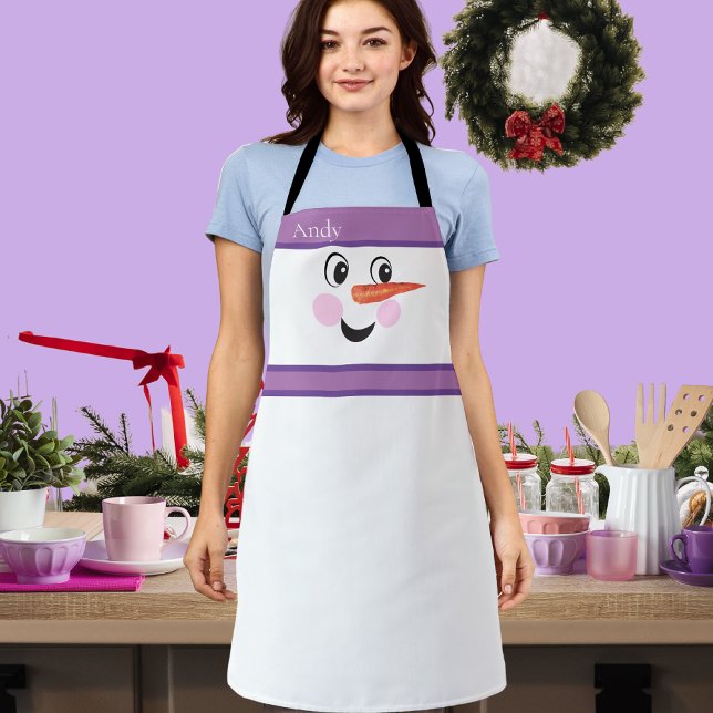 Modern Cute Custom Snowman face Purple Scarf Apron (Creator Uploaded)