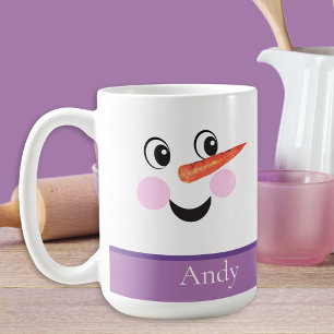 Modern Cute Custom Snowman face Purple Scarf  Coffee Mug
