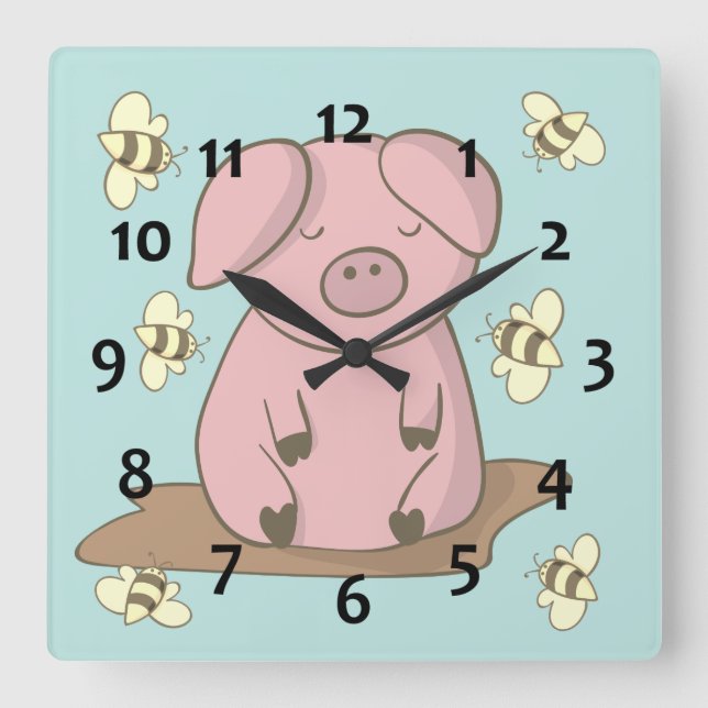 Modern Cute cute pig honey bee colourful Square Wall Clock (Front)