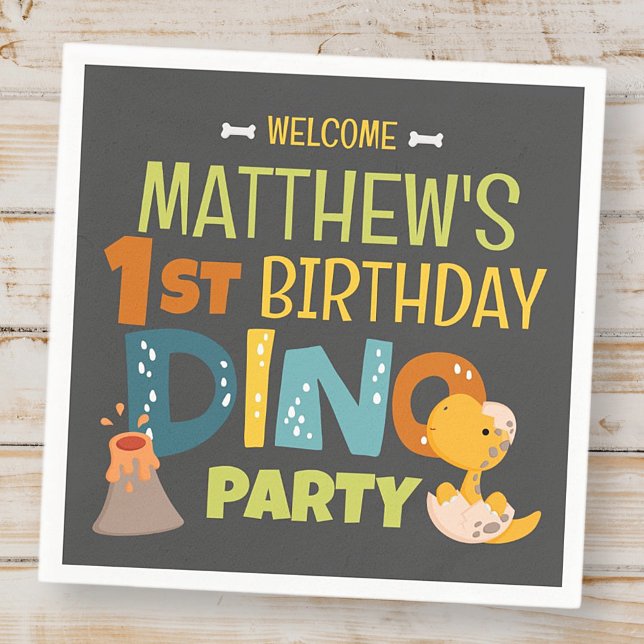 Modern Cute Dino Dinosaur Kid's Birthday Napkin (Creator Uploaded)