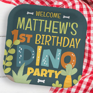 Modern Cute Dino Dinosaur Kid's Birthday Paper Plate
