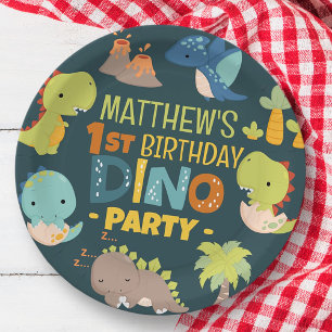 Modern Cute Dino Dinosaur Kid's Birthday Party Paper Plate