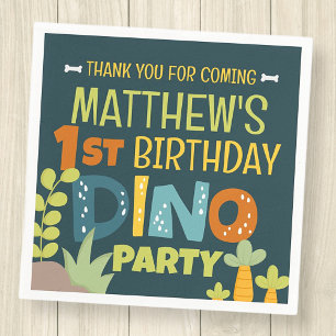 Modern Cute Dino Dinosaur Kid's Birthday Thank You Napkin