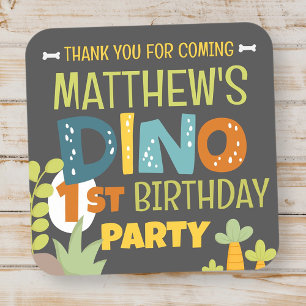 Modern Cute Dino Dinosaur Kid's Birthday Thank You Square Sticker