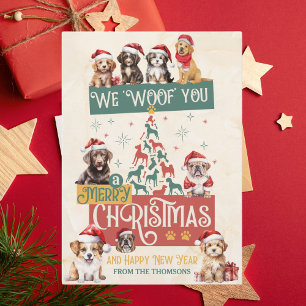 Modern Cute Dog We Woof You A Merry Christmas Holiday Card