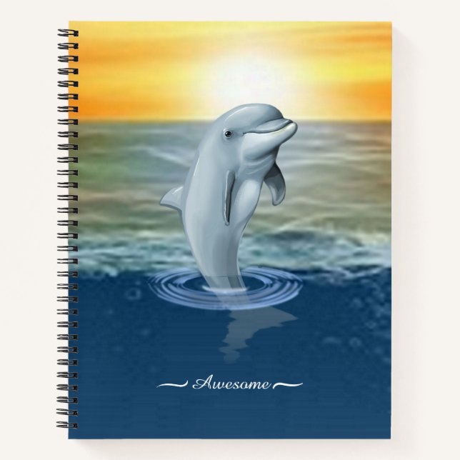 Modern Cute Dolphin, and Script on the Ocean Notebook (Front)