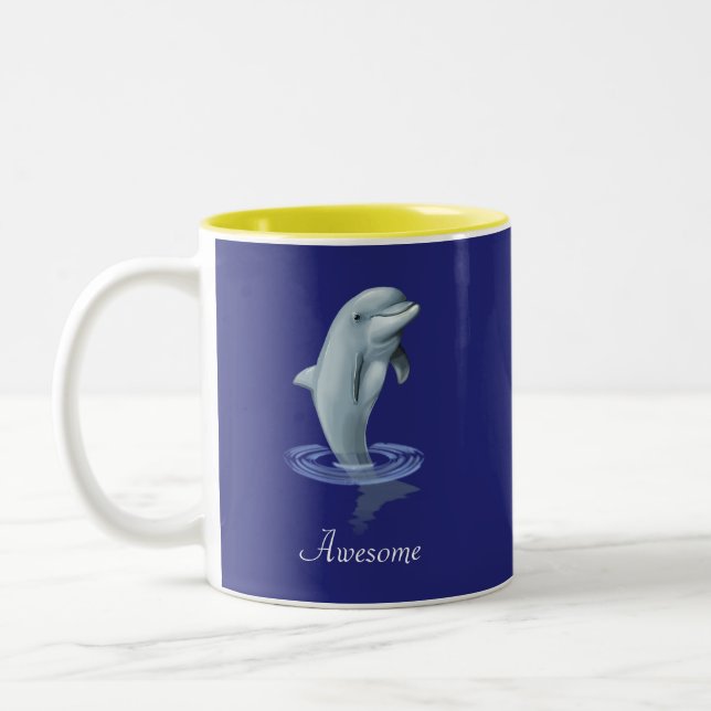 Modern Cute Dolphin, Script and Monogram on Blue Two-Tone Coffee Mug (Left)