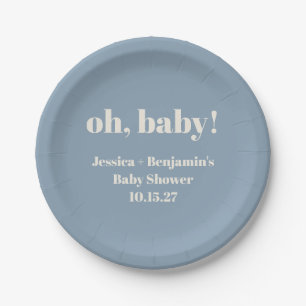 Modern Cute Dusty Blue Baby Shower Custom Name Paper Plate