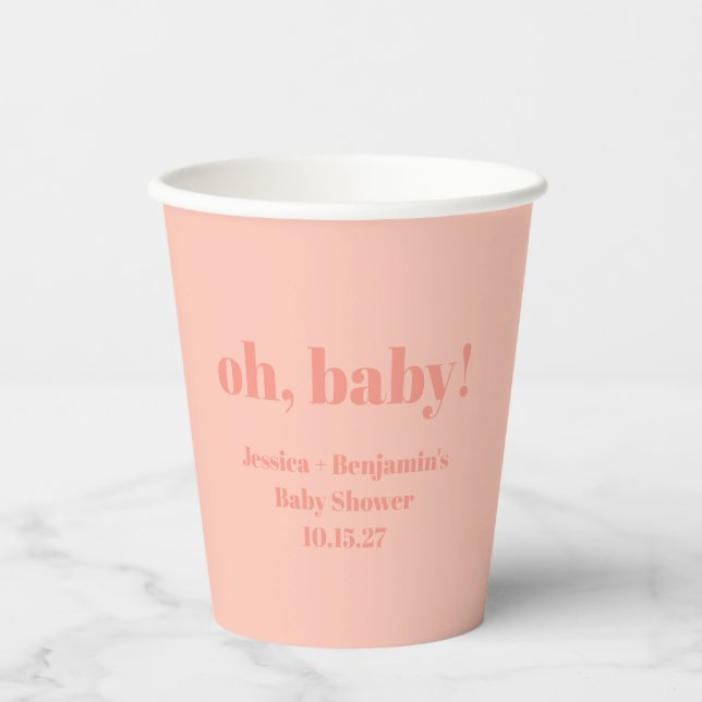 Modern Cute Dusty Peach Baby Shower Custom Name Paper Cups (Front)