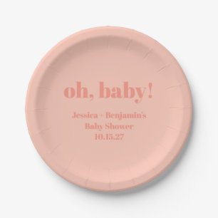 Modern Cute Dusty Peach Baby Shower Custom Name Paper Plate