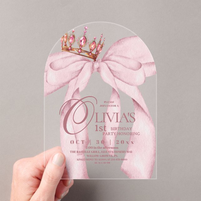 Modern Cute Dusty Pink Bow 1st Birthday  Acrylic Invitations (Insitu (Handheld))