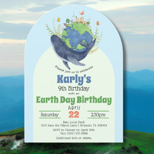 Modern Cute Earth Day Blue Whale Birthday Party Invitation