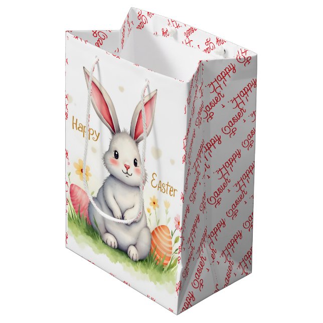 Modern Cute Easter Bunny And Eggs Collection Medium Gift Bag (Front Angled)
