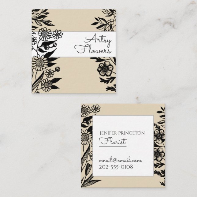     Modern Cute Elegant Taupe Floral Illustration  Square Business Card (Front/Back)