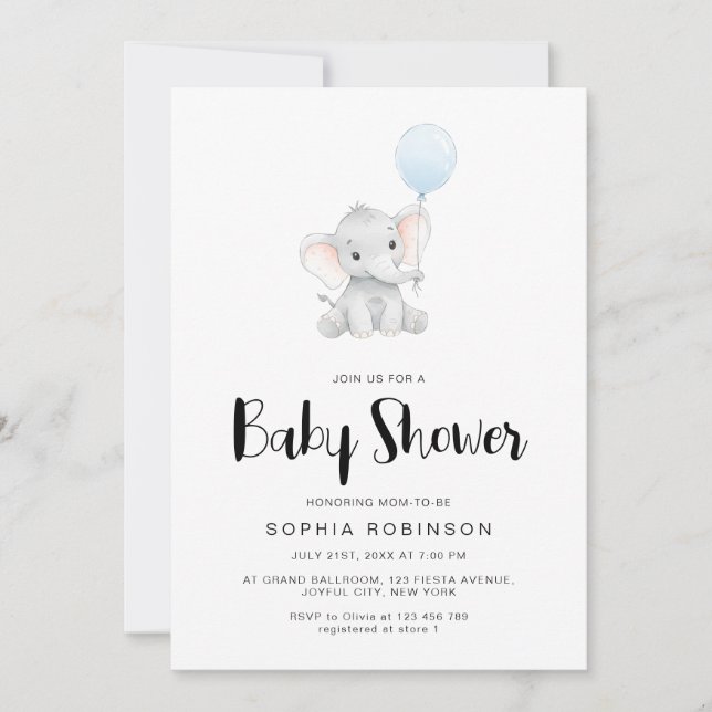 Modern Cute Elephant Boy Baby Shower Invitation (Front)