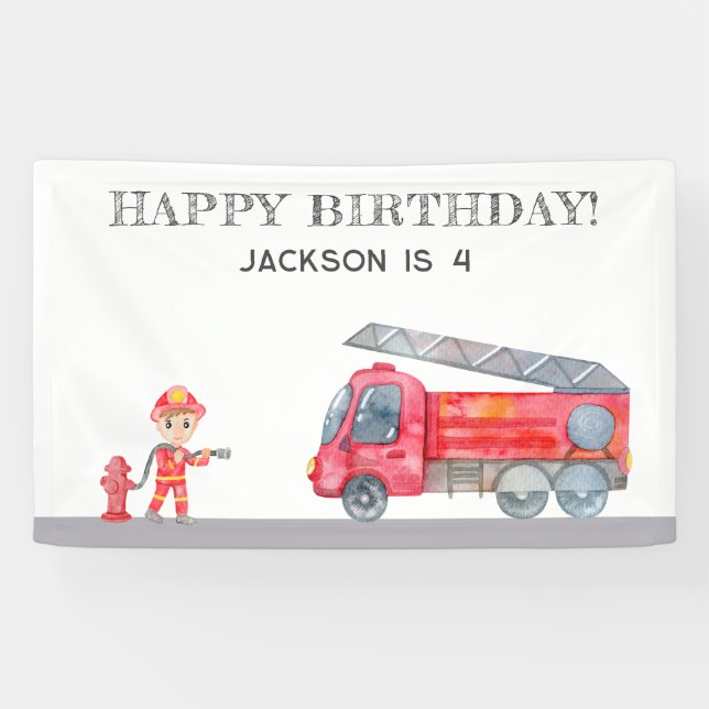 Modern Cute Fireman Firetruck Boys birthday Party Banner (Horizontal)