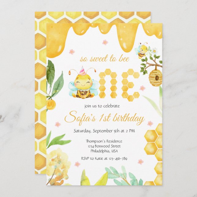 Modern Cute First Bee Day 1st Birthday Invitation (Front/Back)
