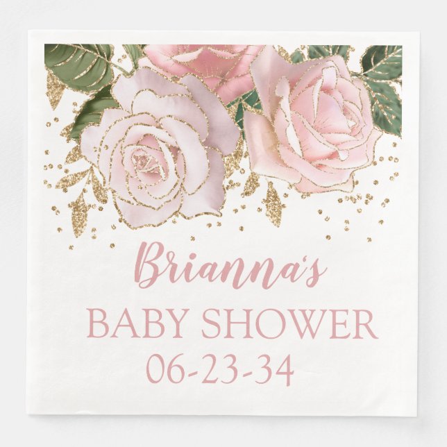 Modern Cute Floral Gold Baby Girl Shower Dinner Napkin (Front)