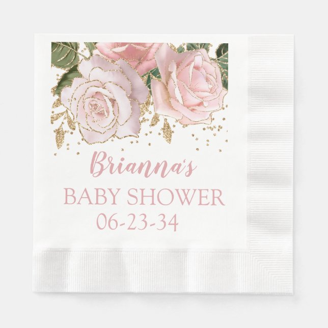 Modern Cute Floral Gold Baby Girl Shower Luncheon Napkin (Front)