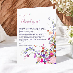 Modern Cute Floral Wildflowers 1st birthday Thank You Card