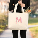 Modern Cute Fun Custom Name 3D Monogram  Large Tote Bag<br><div class="desc">Cute monogrammed bag with your custom name as a shadow initial in red and pink. Modern,  minimalist,  simple,  and fun,  this typography driven design makes for a cool personalised gift!</div>
