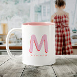 Modern Cute Fun Custom Name 3D Monogram  Two-Tone Coffee Mug<br><div class="desc">Cute monogrammed mug with your custom name as a shadow initial in red and pink. Modern,  minimalist,  simple,  and fun,  this typography driven design makes for a cool personalised gift!</div>