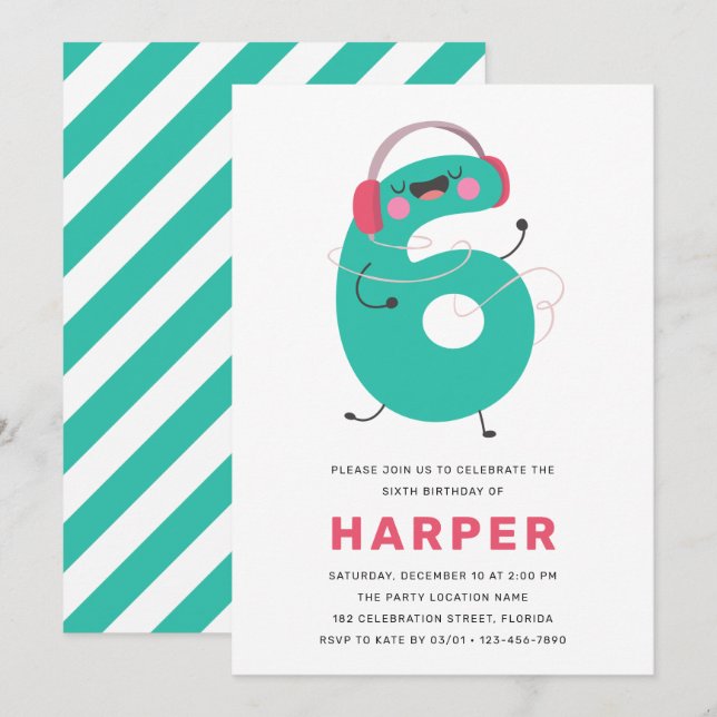 Modern Cute Fun Kids 6th Birthday Invitation (Front/Back)