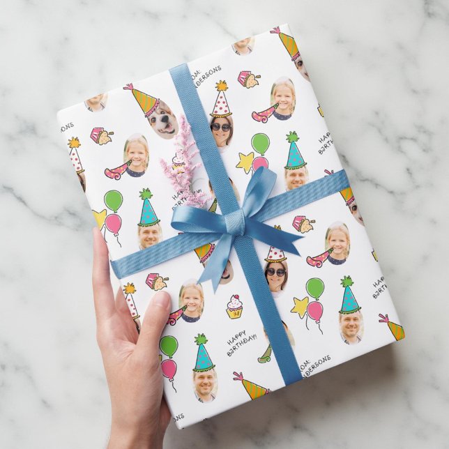 Modern Cute Funny Birthday Hats Photo  Wrapping Paper (Creator Uploaded)