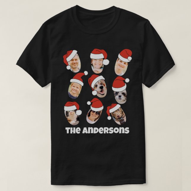 Modern Cute Funny Santa Hats Nine Family Photos T-Shirt (Design Front)