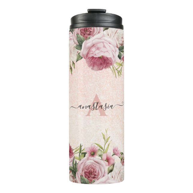 Modern cute girly Pink Glitter Rose Gold floral Thermal Tumbler (Front)