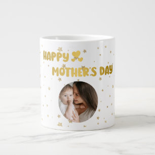 Modern Cute Golden Happy Mother's Day Photo Black Large Coffee Mug