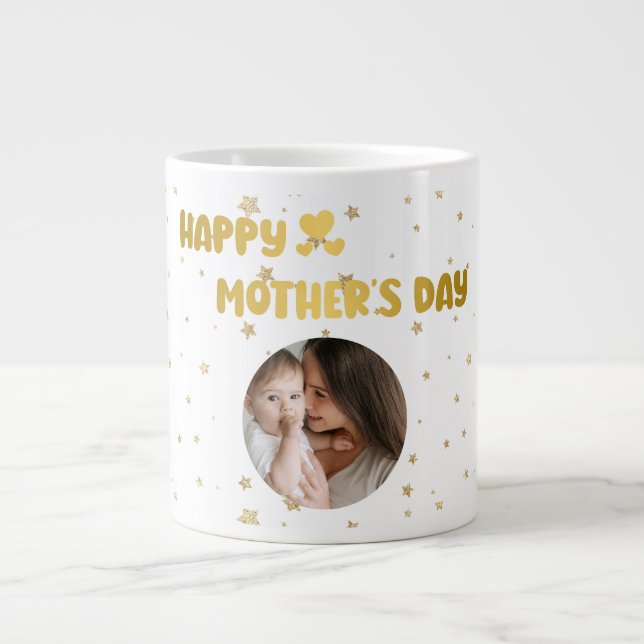 Modern Cute Golden Happy Mother's Day Photo Black Large Coffee Mug (Front)