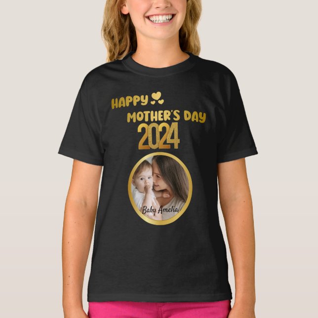 Modern Cute Golden Happy Mother's Day Photo Black T-Shirt (Front)
