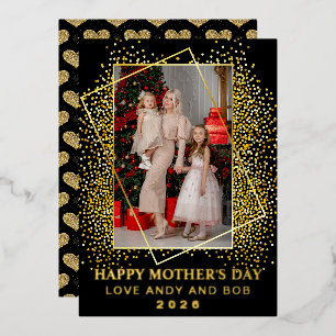 Modern Cute golden Heart Happy Mothers day photo Foil Holiday Card