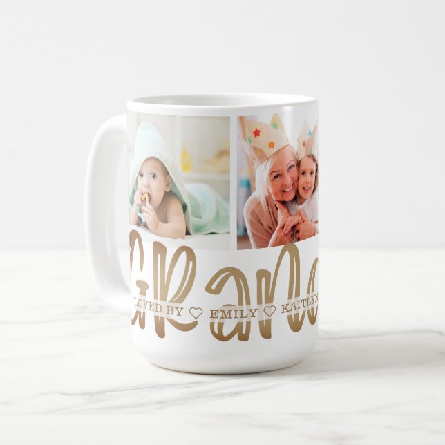 Modern Cute GRANDMA 3 Photo Personalised Gold Coffee Mug (Front Left)