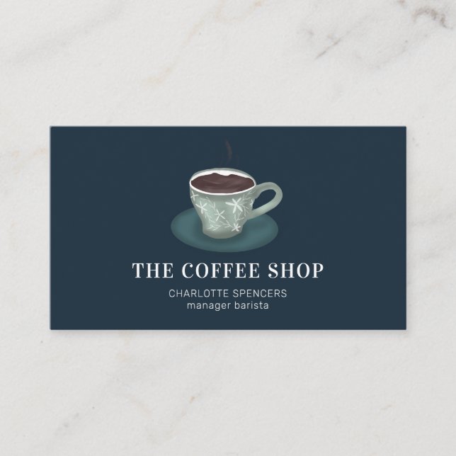 Modern cute green coffee shop blue illustration business card (Front)