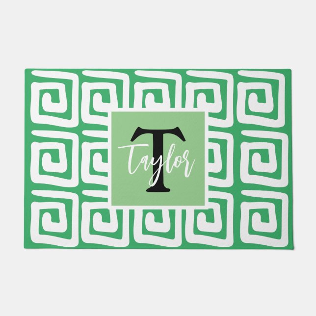 Modern cute green greek key pattern monogrammed doormat (Front)