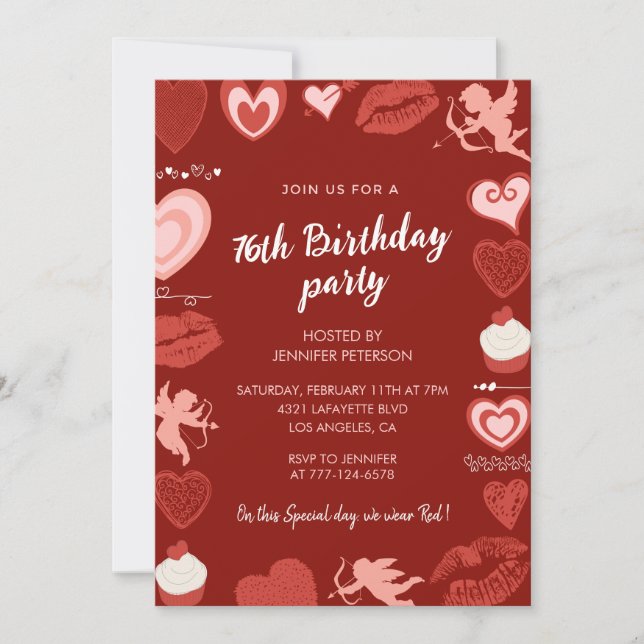 Modern Cute Hearts Red 76th birthday invitations  (Front)
