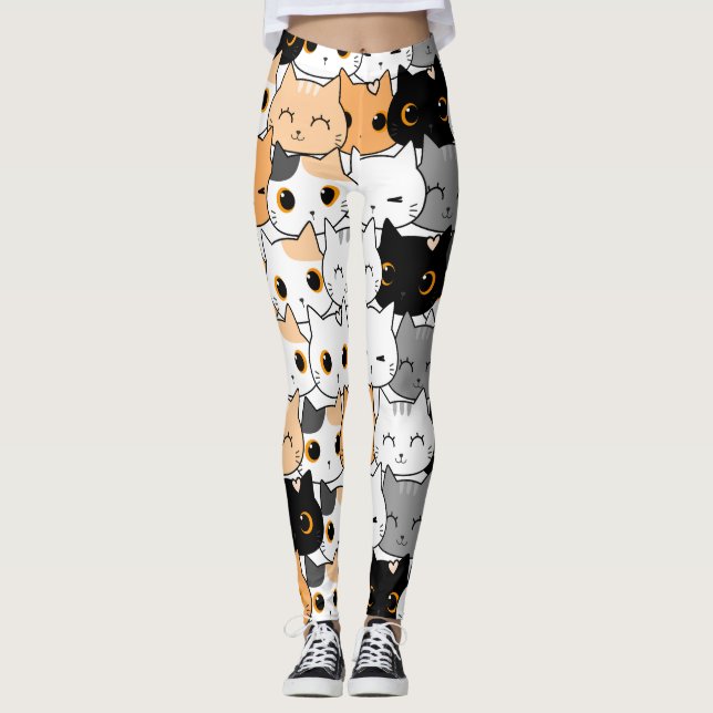 Modern Cute Kawaii Cats Pattern Leggings (Front)