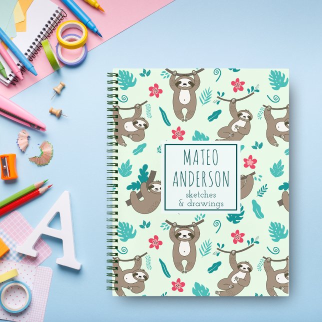 Modern Cute Kawaii Sloths Personalised Name  Notebook (Creator Uploaded)