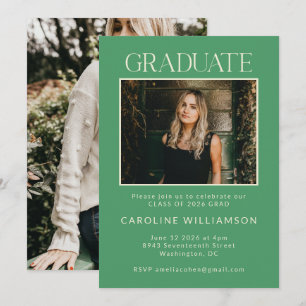 Modern Cute Kelly Green Two Photo Graduation Party Invitation