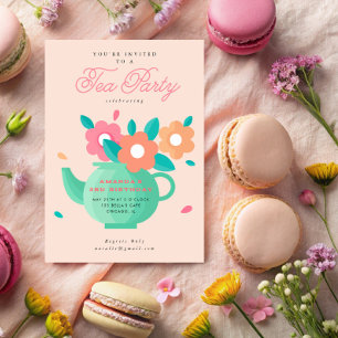 Modern Cute Kids Floral Tea Party Birthday Invitation